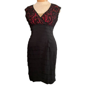 JONES WEAR DRESS Black Red Lace Tiered V Neck Sheath Knee Length Size 10